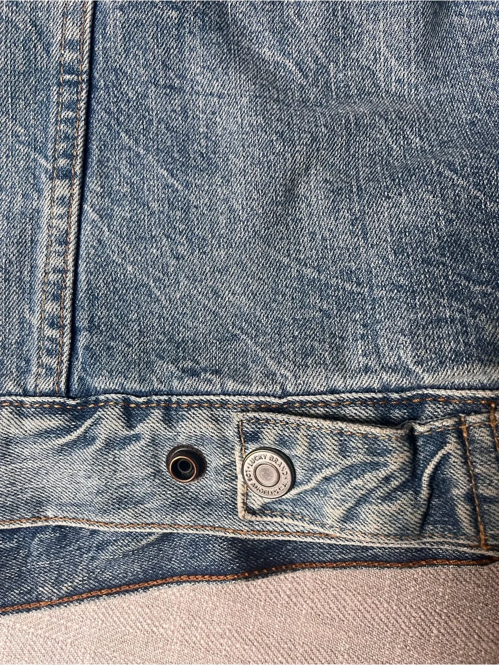 Distressed Lucky Brand Light Blue Denim Sherpa Lined Trucker Jacket